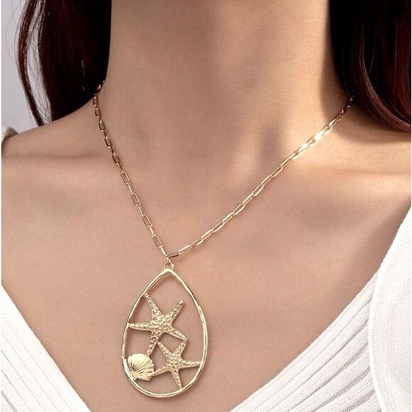 Western Boho Gold Overlay Cuban Link Seashell Star Pendant Charm Necklace Choker - Picture 1 of 8
